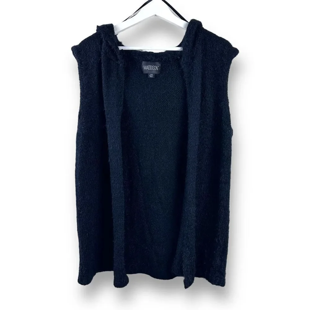 Maddison Women's L Open Front Hooded Sweater Vest Black Cozy Eyelash Knit Layer‎